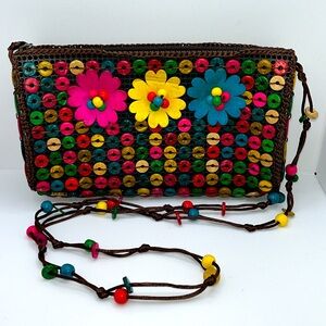 Handmade Beaded Purse Colorful Coconut Shell Beaded Crossbody Long Strap Beach